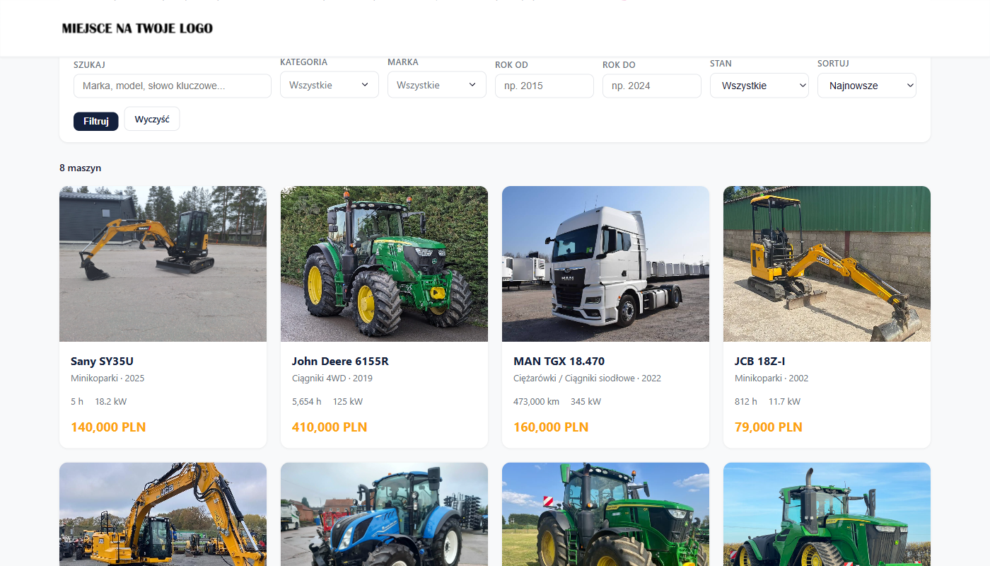 Wizualizacja witryny internetowej dealera z katalogiem maszyn