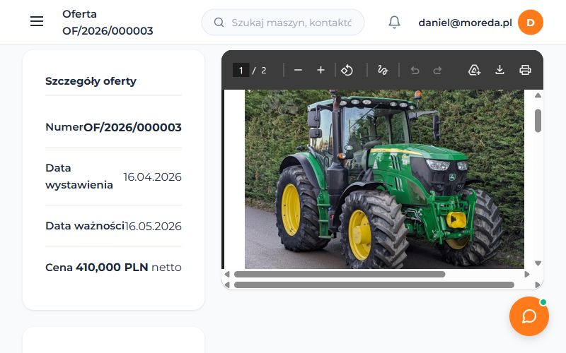 Szablon profesjonalnie wygenerowanej oferty PDF z maszynami